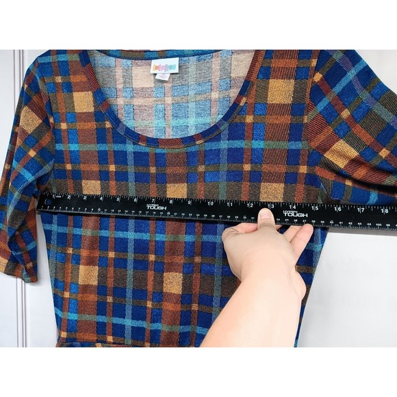 LuLaRoe Dress Women's SZ M Fit & Flare Blue/Bronze Plaid Half Sleeves Pockets EC - Picture 9 of 15